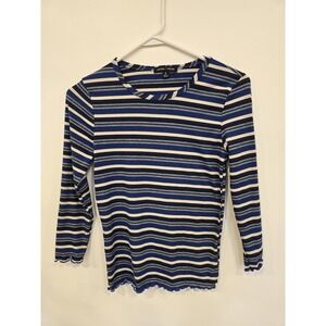 Moa Moa‎ Striped Long Sleeve Top Blue Black Y2K Ribbed Lettuce Hem Size M